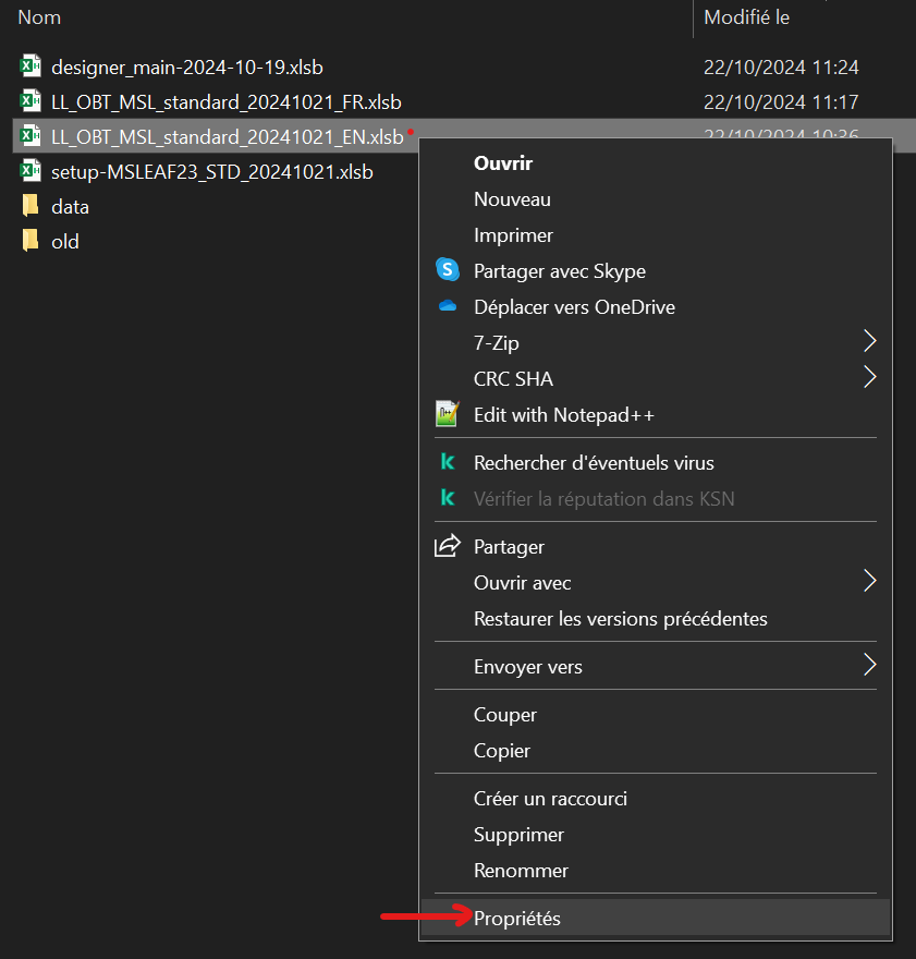 A screeshot of the Property menu of an Excel linelist, accessed by right-clicking on a file.