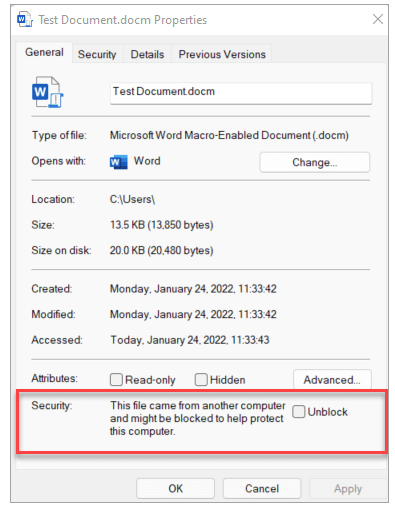 A screeshot of the Property menu of a blocked word file.
