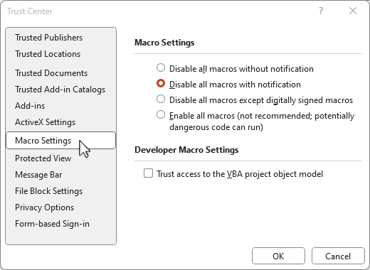 A screeshot of the trust center popup windows, on the Macro settings tab