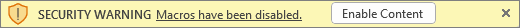 A screeshot of the yellow band informing an Excel user that macros have been disabled in an Excel file.