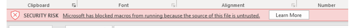 A screeshot of the red band informing an Excel user that macros have been disabled in an Excel file.